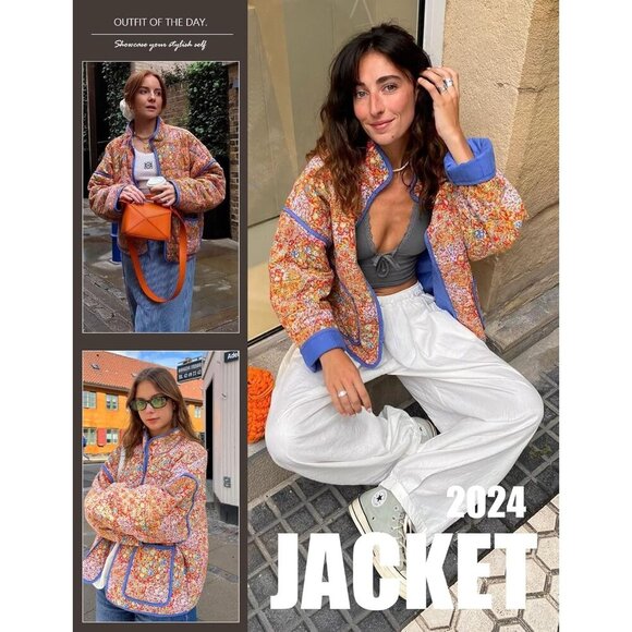 Women’s Orange  Cropped Puffer Quilted Jacket Floral Print Lightweight Coat - Picture 6 of 7